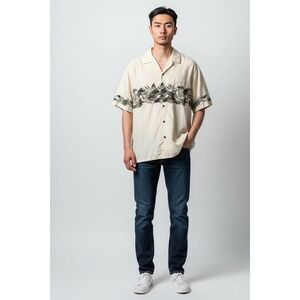 RJC Hawaiian Shirt Mens XL Beige Tropical Floral Short Sleeve Made in USA